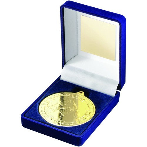 BLUE VELVET BOX AND 50mm MEDAL HORSE TROPHY GOLD - 3.5in