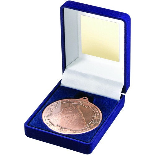 BLUE VELVET BOX AND 50mm MEDAL HORSE TROPHY GOLD - 3.5in
