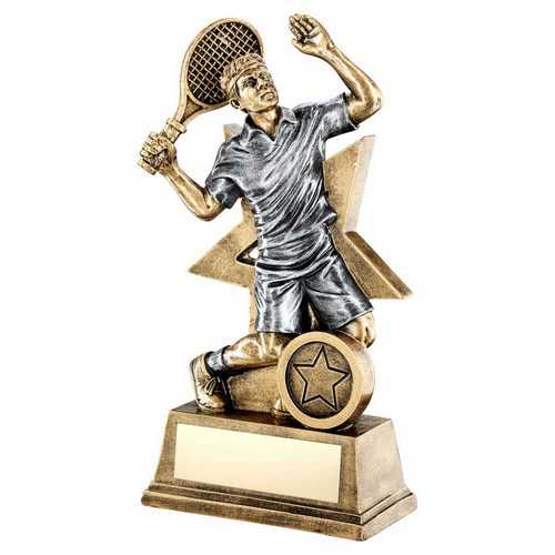 BRZ/GOLD/PEW MALE TENNIS FIGURE WITH STAR BACKING WITH PLATE (1in CENTRE)