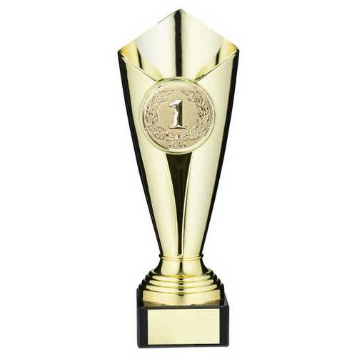 PLASTIC TULIP TROPHY CUP WITH PLATE (2in CENTRE) GOLD - 9.25in