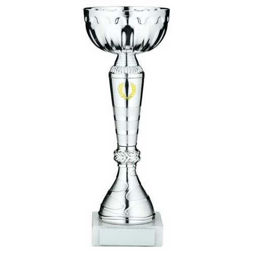 SILVER TROPHY CUP WITH GOLD WREATH AND PLATE