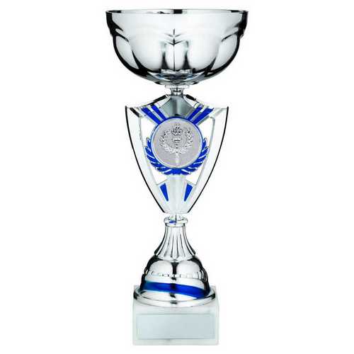 SILVER/BLUE SHIELD TROPHY CUP WITH PLATE (2in CENTRE)