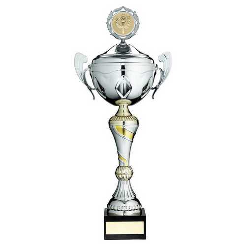 SILVER/GOLD TROPHY CUP WITH HANDLES, LID AND PLATE (2in CENTRE)