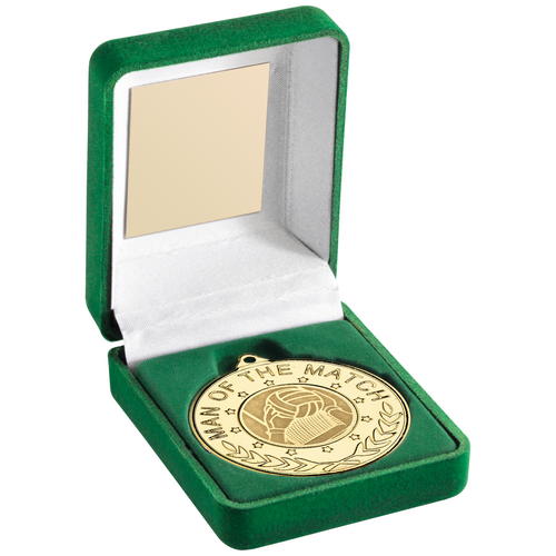 GREEN VELVET BOX AND GOLD 50mm 'M.O.T.M' MEDAL WITH GAELIC INSERT TROPHY - 3.5"