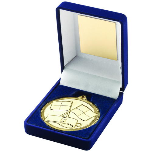 BLUE VELVET BOX AND GOLD 50mm MEDAL REFEREE TROPHY - 3.5in