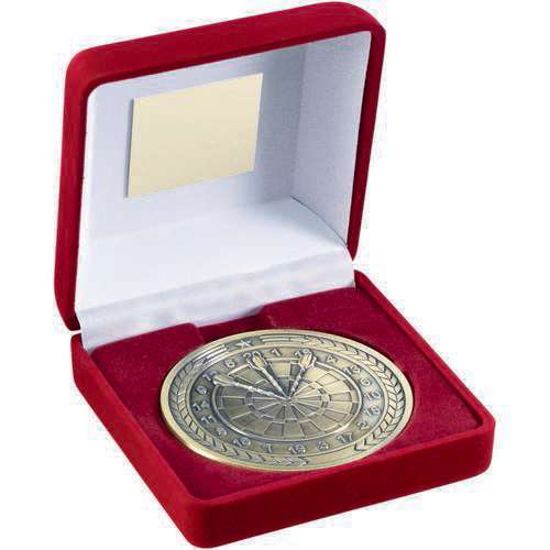 RED VELVET BOX AND 70mm MEDALLION DARTS TROPHY ANTIQUE GOLD - 4in