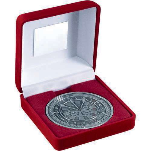 RED VELVET BOX AND 70mm MEDALLION DARTS TROPHY ANTIQUE GOLD - 4in