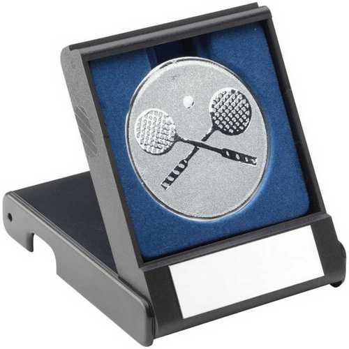 BLACK PLASTIC BOX WITH SQUASH INSERT TROPHY GOLD - 3.5in