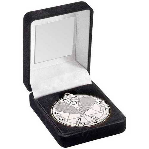 BLACK VELVET BOX AND 50mm MEDAL SQUASH TROPHY GOLD - 3.5in
