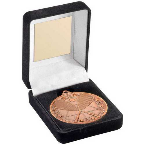 BLACK VELVET BOX AND 50mm MEDAL SQUASH TROPHY GOLD - 3.5in