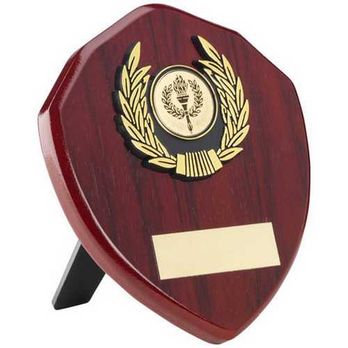 ROSEWOOD SHIELD AND GOLD TRIM ASSEMBLED TROPHY (1in CENTRE)