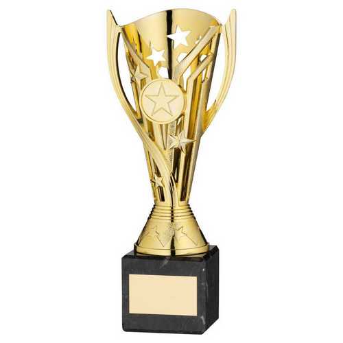 GOLD PLASTIC 'FLASH' CUP ON BLACK MARBLE ASSEMBLED TROPHY (1" CEN)