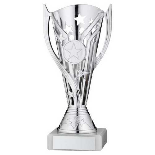 SILVER/BLUE PLASTIC 'FLASH' CUP ASSEMBLED ON MARBLE (1in CEN) - 7in