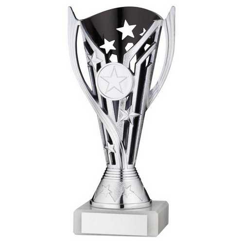 SILVER/BLACK PLASTIC 'FLASH' CUP ASSEMBLED ON MARBLE (1in CEN) - 7in
