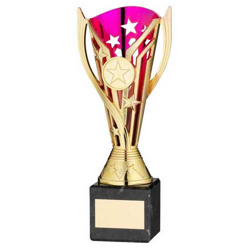 GOLD/PURPLE PLASTIC 'FLASH' CUP ON BLK MARBLE ASSEMBLED TROPHY (1" CEN)