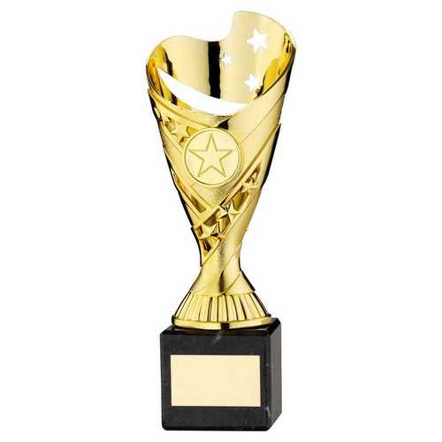 GOLD PLASTIC 'SABRE' CUP ON BLACK MARBLE ASSEMBLED TROPHY (1" CEN)