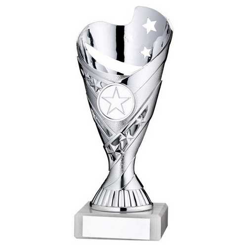 SILVER/PURPLE PLASTIC 'SABRE' CUP ASSEMBLED ON MARBLE (1in CEN) - 7in