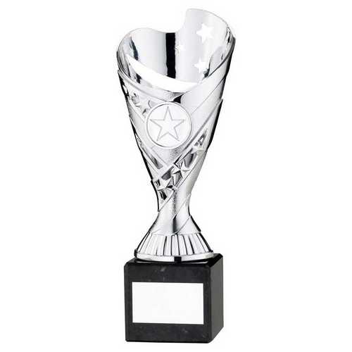 SILVER PLASTIC 'SABRE' CUP ON BLACK MARBLE ASSEMBLED TROPHY (1" CEN)