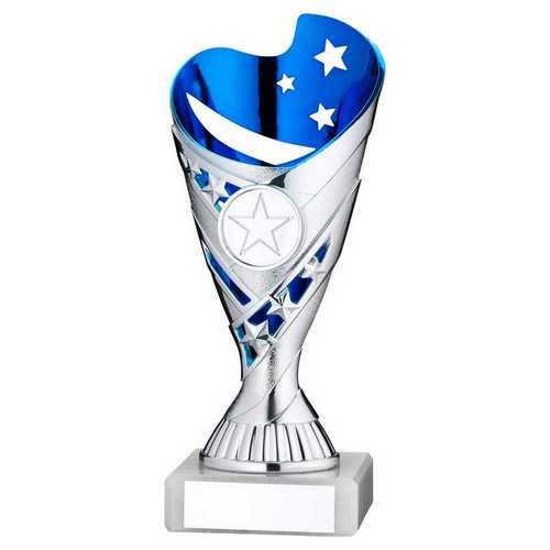 SILVER/BLUE PLASTIC 'SABRE' CUP ASSEMBLED ON MARBLE (1in CEN) - 7in