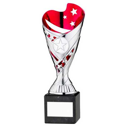 SILVER/PINK PLASTIC 'SABRE' CUP ON BLK MARBLE ASSEMBLED TROPHY (1" CEN)