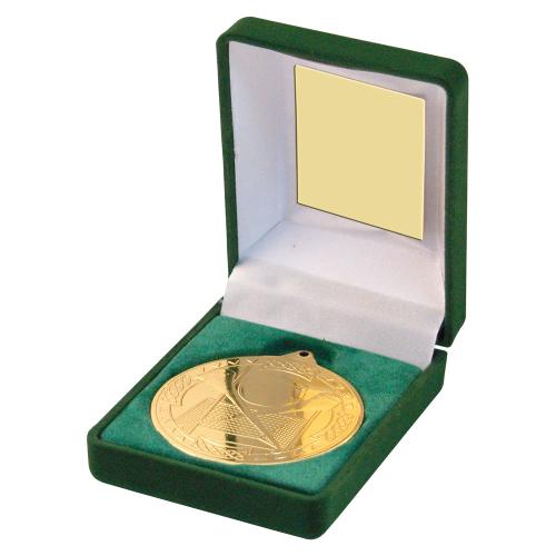 GREEN VELVET BOX AND HURLING 50mm MEDAL TROPHY GOLD - 3.5in