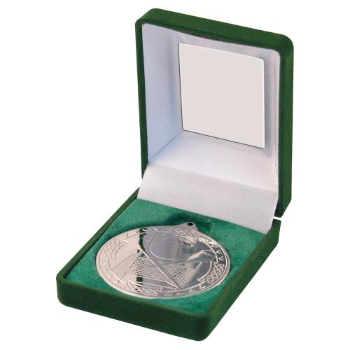GREEN VELVET BOX AND HURLING 50mm MEDAL TROPHY GOLD - 3.5in