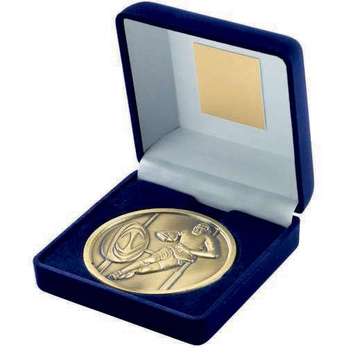 BLUE VELVET BOX AND 70mm MEDALLION RUGBY TROPHY ANTIQUE GOLD - 4in