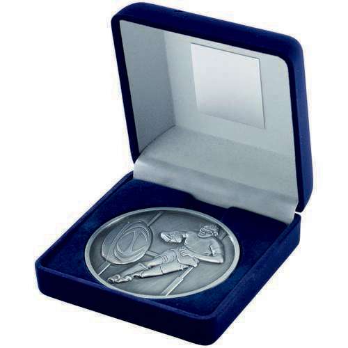 BLUE VELVET BOX AND 70mm MEDALLION RUGBY TROPHY ANTIQUE GOLD - 4in