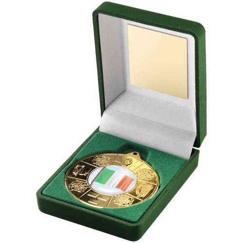 GREEN VELVET BOX AND 50mm MEDAL FOUR PROVINCES TROPHY (1in CEN) GOLD - 3.5in