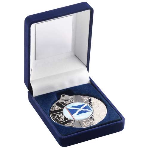 BLUE VELVET BOX AND 50mm MEDAL SCOTLAND TROPHY (1in CENTRE) GOLD - 3.5in