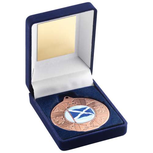 BLUE VELVET BOX AND 50mm MEDAL SCOTLAND TROPHY (1in CENTRE) GOLD - 3.5in