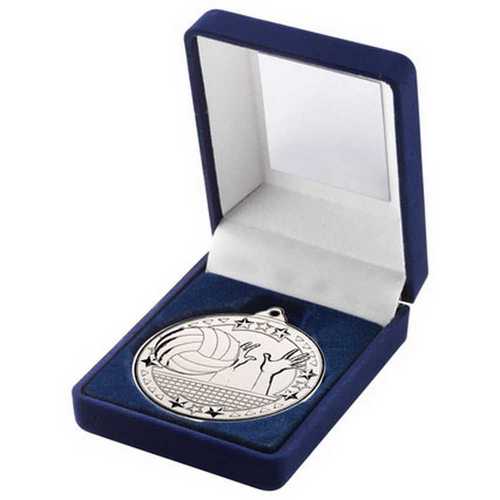 BLUE VELVET BOX AND 50mm MEDAL VOLLEYBALL TROPHY GOLD - 3.5in