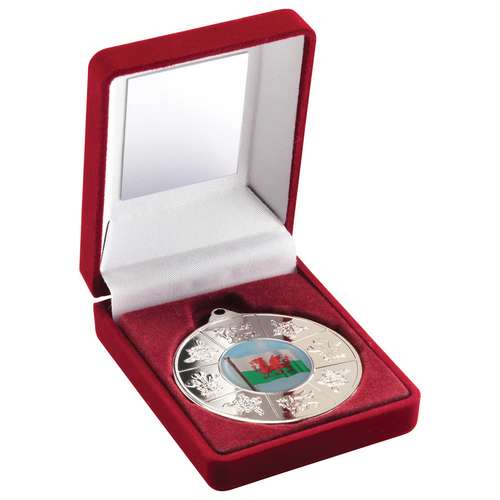 RED VELVET BOX AND 50mm GOLD MEDAL WALES TROPHY (1in CENTRE) - 3.5in