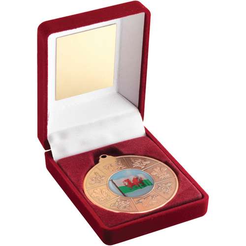 RED VELVET BOX AND 50mm GOLD MEDAL WALES TROPHY (1in CENTRE) - 3.5in
