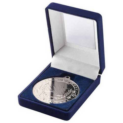 BLUE VELVET BOX AND 50mm MEDAL MOTOR SPORT TROPHY GOLD - 3.5in