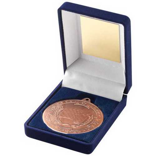 BLUE VELVET BOX AND 50mm MEDAL MOTOR SPORT TROPHY GOLD - 3.5in