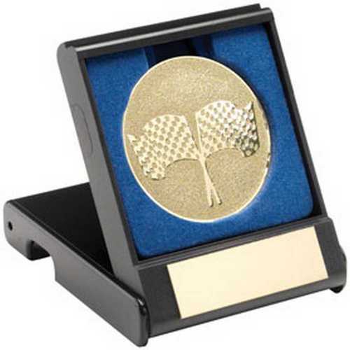 BLACK PLASTIC BOX WITH CROSSED FLAGS INSERT GOLD - 3.5in