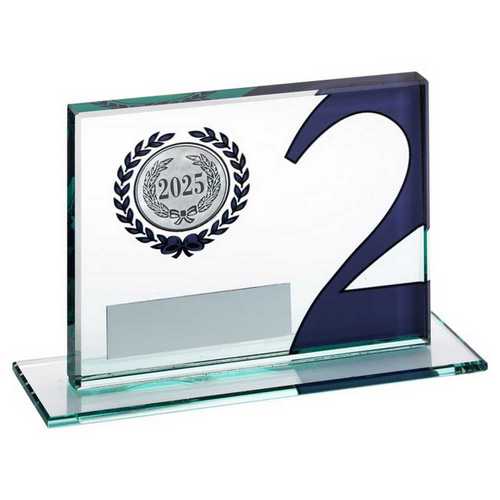 JADE GLASS PLAQUE WITH NUMBER AND PLATE (1in CENTRE) SILVER 2ND - 3.25 x 4in