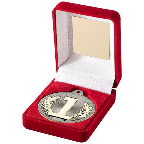 RED VELVET BOX AND 50mm MEDAL TROPHY MATT SILVER/GOLD 1ST - 3.5in