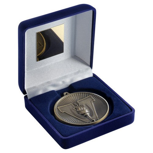 BLUE VELVET BOX AND 60mm MEDAL VICTORY TORCH TROPHY ANTIQUE GOLD - 4in