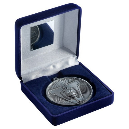 BLUE VELVET BOX AND 60mm MEDAL VICTORY TORCH TROPHY ANTIQUE GOLD - 4in