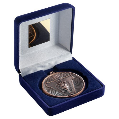 BLUE VELVET BOX AND 60mm MEDAL VICTORY TORCH TROPHY ANTIQUE GOLD - 4in