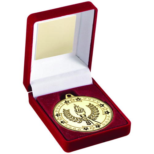 RED VELVET BOX AND 50mm MEDAL VICTORY TORCH TROPHY GOLD - 3.5in