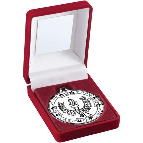 RED VELVET BOX AND 50mm MEDAL VICTORY TORCH TROPHY GOLD - 3.5in