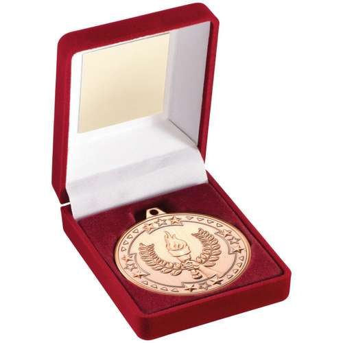 RED VELVET BOX AND 50mm MEDAL VICTORY TORCH TROPHY GOLD - 3.5in