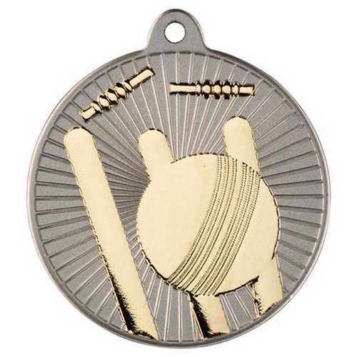 CRICKET TWO COLOUR MEDAL MATT SILVER/BRONZE - 2in