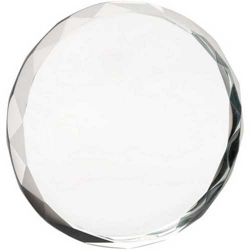 CLEAR GLASS ROUND PAPERWEIGHT WITH FACETED EDGE (19mm THICK)