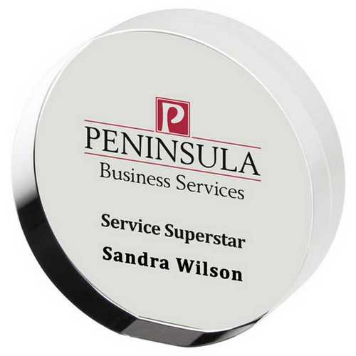 CLEAR GLASS ROUND FREESTANDING PAPERWEIGHT (30mm THICK)